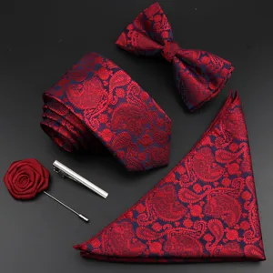 Imported New Solid Color Silk Men Tie Set Polyester Jacquard Woven Necktie Bowtie Suit Vintage Red Blue For G