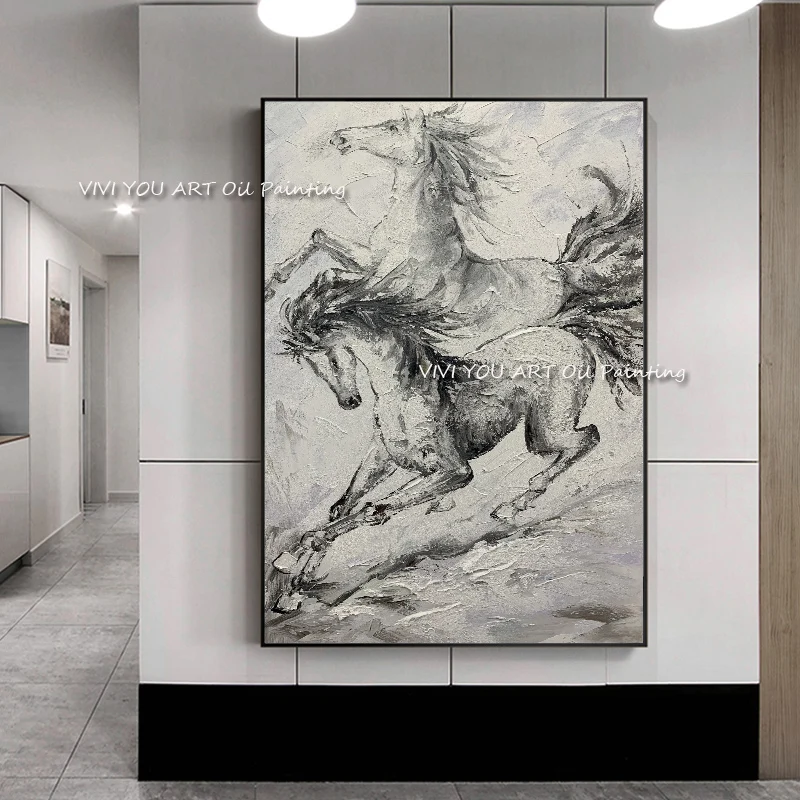 

Nordic Handmade Running Horse Oil Painting on Canvas Artwork Mural Animal Poster Picture for European Classical Room Decoration