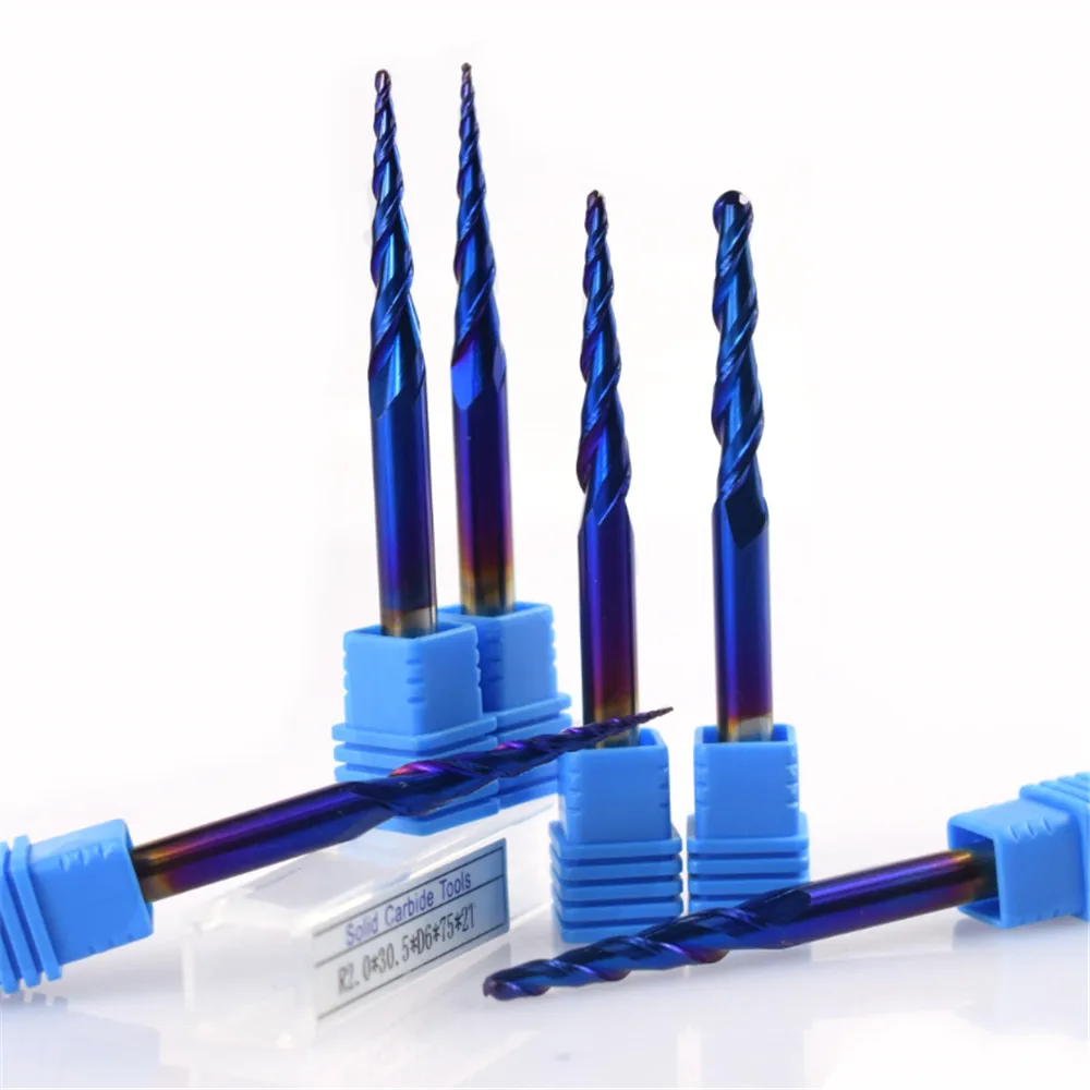 

tapered nose ball endmills R0.25-R2.0 solid carbide cnc router bites hrc65 nano blue coating metal wood engraving bit