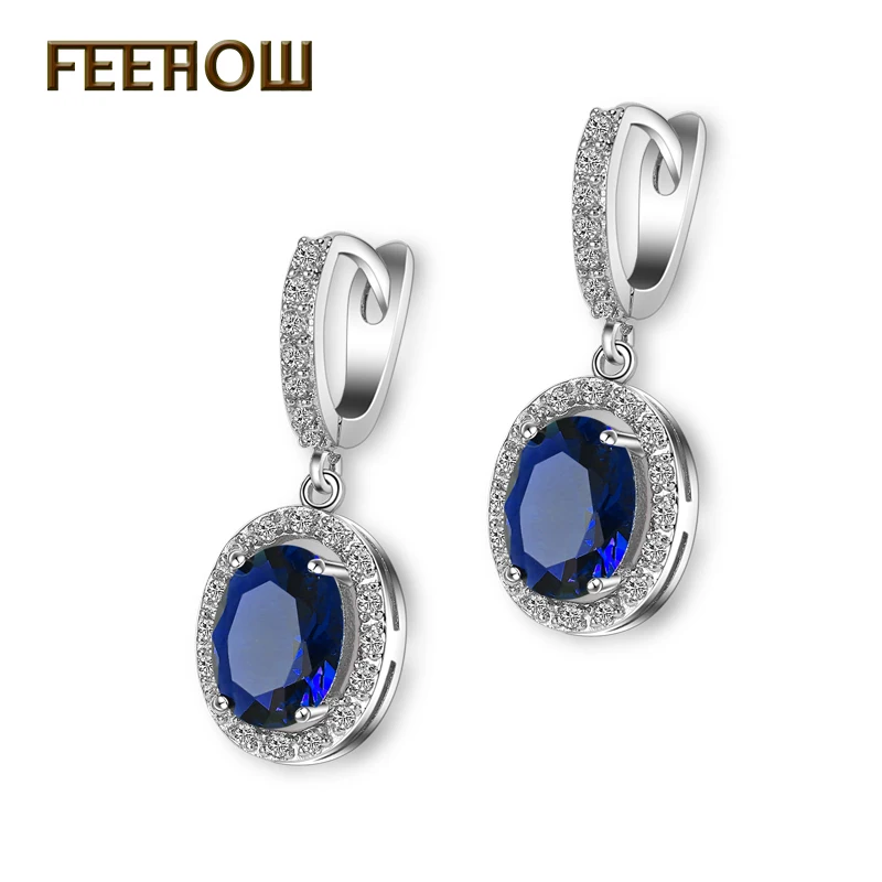 Женские сережки подвески FEEHOW белые в овальной форме с микро инкрустацией и