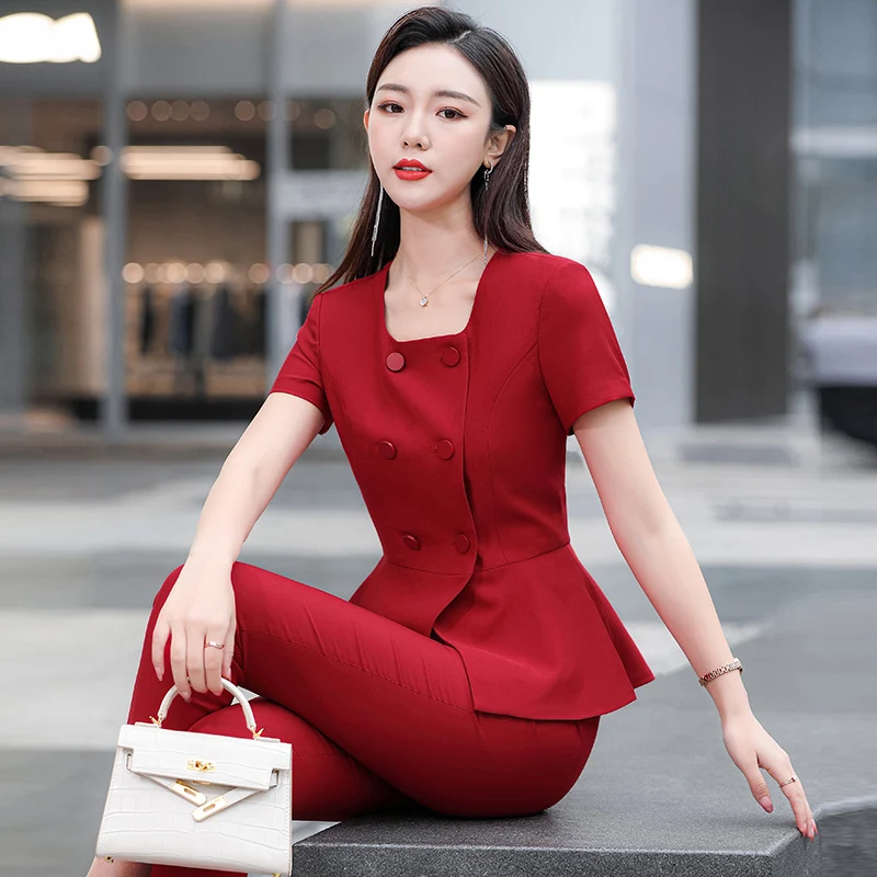 Formal OL Style Pantsuits for Women Business Work Wear with Scarf Summer Short Sleeve Ladies Office Professional Blazers Set | Женская