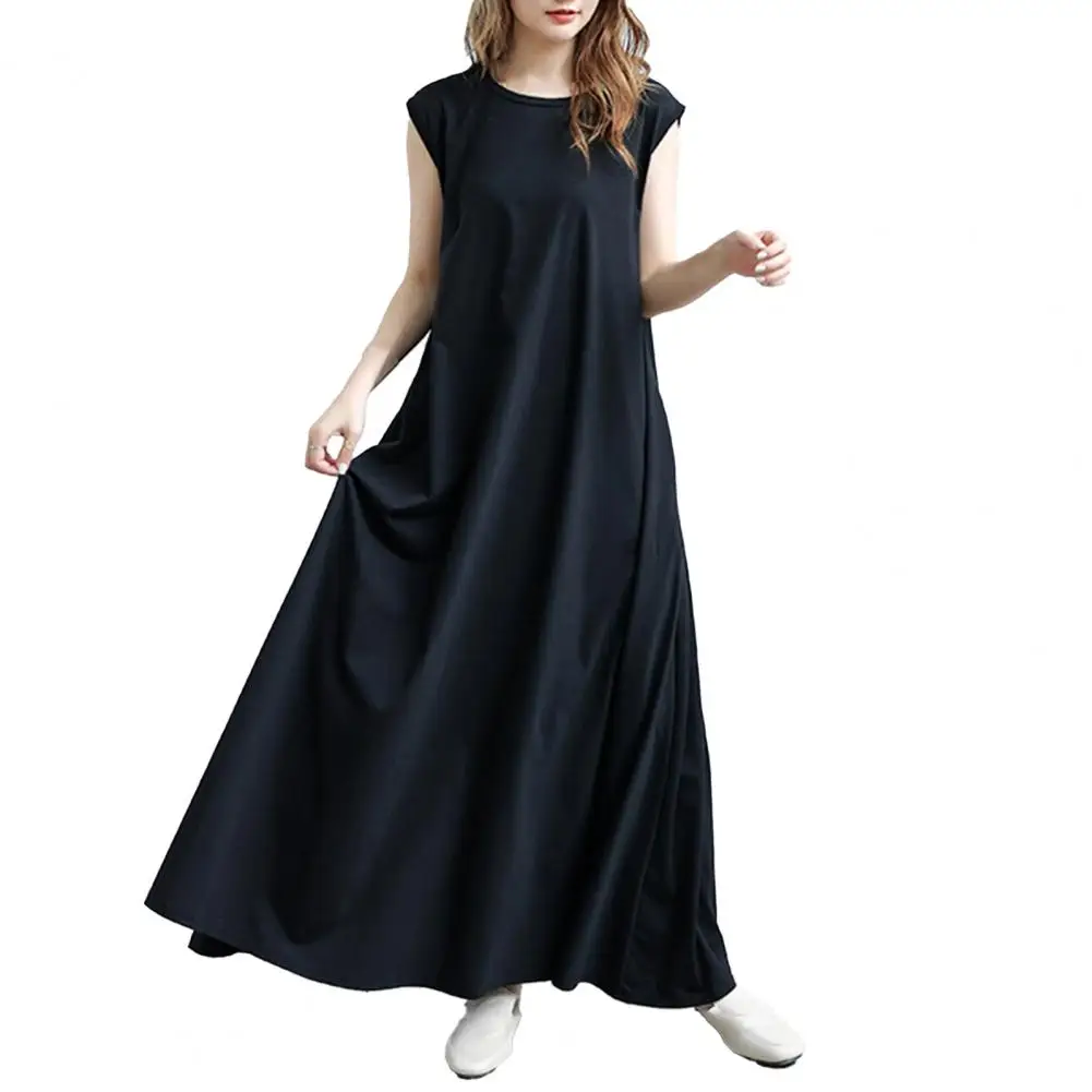 

Women Maxi Dress Loose A-line Boho Long Dress Breathable two pockets O-neck Women Outfits Sleeveless Long Maxi Dress Summer 2021