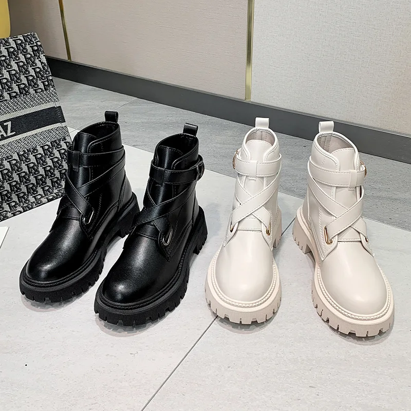 

Women's Short Boots Buckle Strap PU Fashion Woman Shoes Low Heels Thick Platform Winter Warm Ankle Boot Ladies Footwear 2021 New