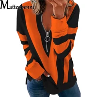 long sleeve zipper loose women t shirt autumn fashion casual striped print ladies top 2021 v neck street clothing pullovers tee
