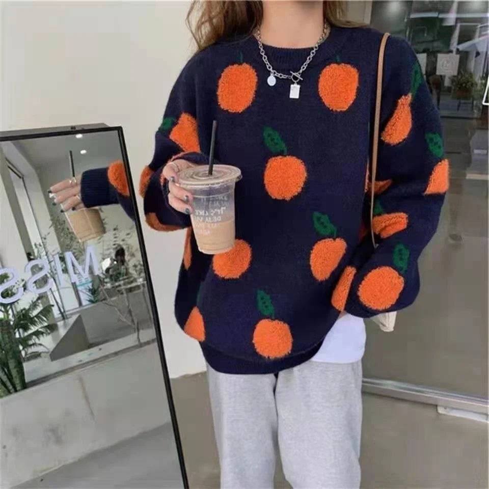 

Autumn and Winter New Sweater Pullover, Cherry Pattern Long Sleeve Sweater, Retro Sweet Beauty High Collar Knitted Pullover