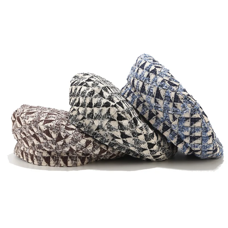 Модная зимняя теплая шапка унисекс из шерсти в клетку с круглым вязанием для