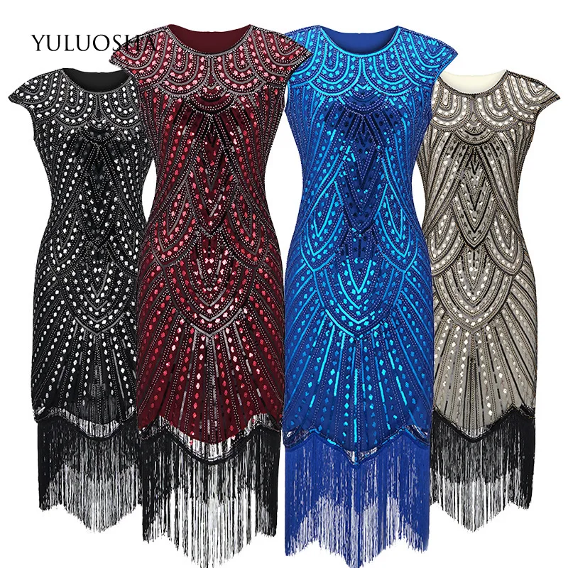 

YULUOSHA Sequined Dress Red Prom Beading Tassel A-Line O-Neck Sleeveless Sexy Women Vestidos De Fiesta Largos Elegantes De Gala