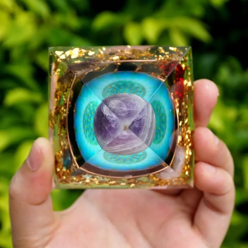 

Runes Handmade Amethyst Crystal Sphere Orgone Pyramid with Obsidian Rose Blue Quartz Copper Energy Healing Orgonite Collection