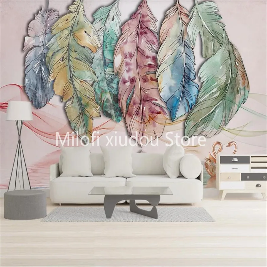 

Milofi custom 3D wallpaper mural European simple abstract watercolor feather line swan living room background wall decoration pa