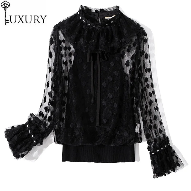 White 2020 Summer Fashion Black Jumpers Women Ruffled Collar Polka Dot Patterns Knitting Long Sleeve Casual Pullover Tops Female | Женская