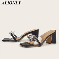 alionly fashionable transparent plastic metal rhinestone chain decoration high heel sandals for women 2022 all match sandals