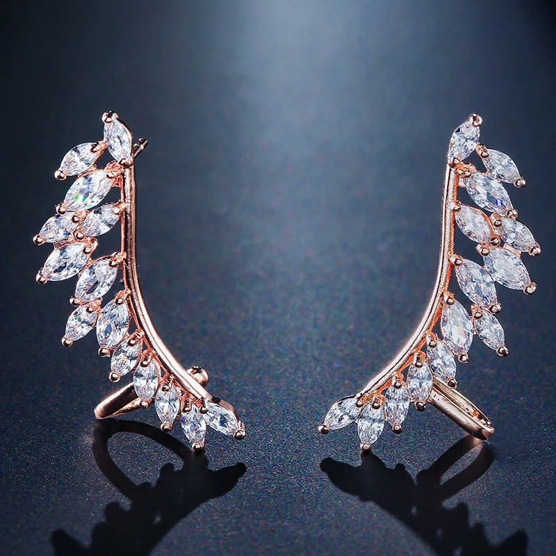 UILZ модные серьги клипсы в форме пера с кристаллами для женщин ювелирное изделие