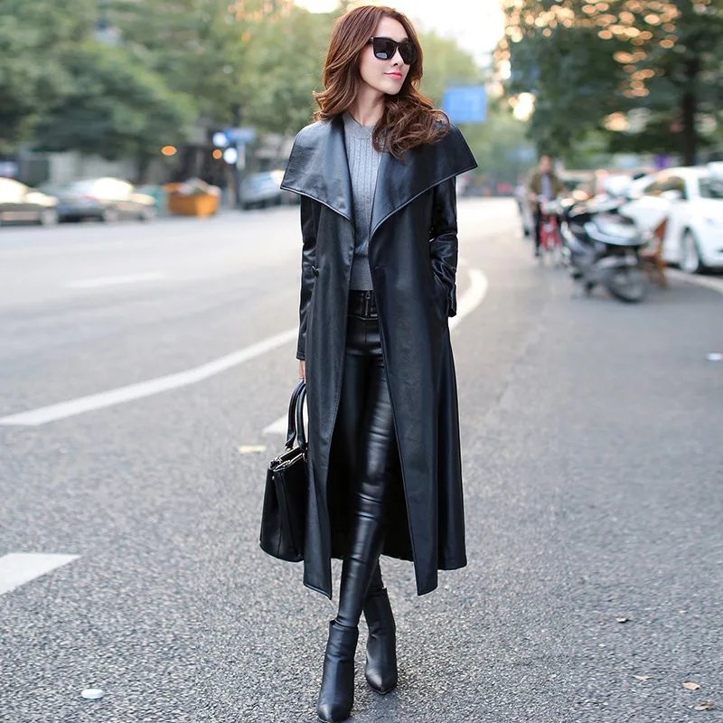 Женская элегантная длинная куртка из овечьей кожи с поясом Дамское пальто