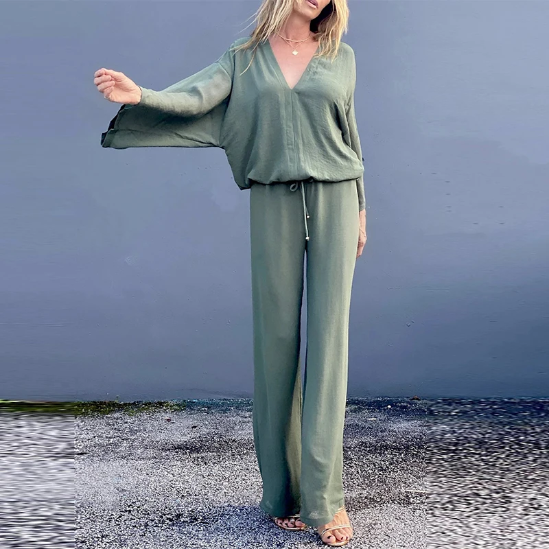 

Ladies Simple Solid V Neck Pullover Shirt + Casual Drawstring Long Pants Suits Fashion Spring Autumn Women 2 Piece Set Tracksuit
