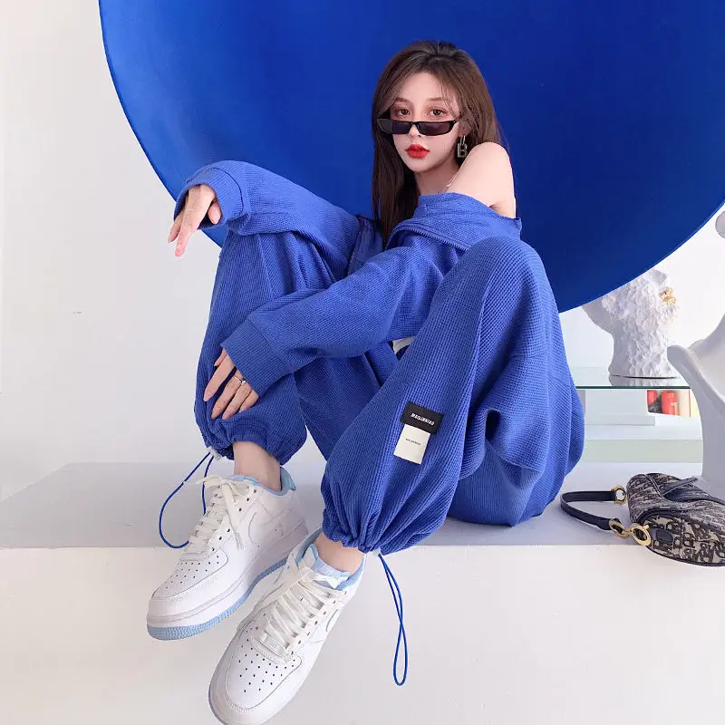 Sports waffle suit women loose casual high-waist Klein blue wide-leg pants spring and autumn two-piece suit