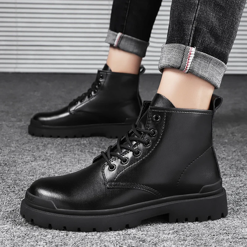 

Мужские ботинки средней длины, черные ботинки из толстой базовой ткани, высокие повседневные ботинки в британском стиле, Осень-зима 2021