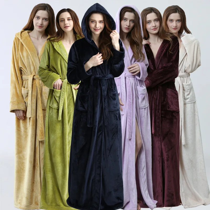 

Women Dobby Kimono Bath Robe Bridesmaid Sexy Dressing Gown Lovers Winter Extra Long Plus Size Flannel Coral Fleece Warm Bathrobe