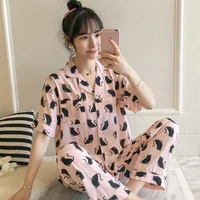 cute cartoon cat sleepwear women short sleeve pajamas set thin summer trousers female 100 viscose pyjamas women home clothes