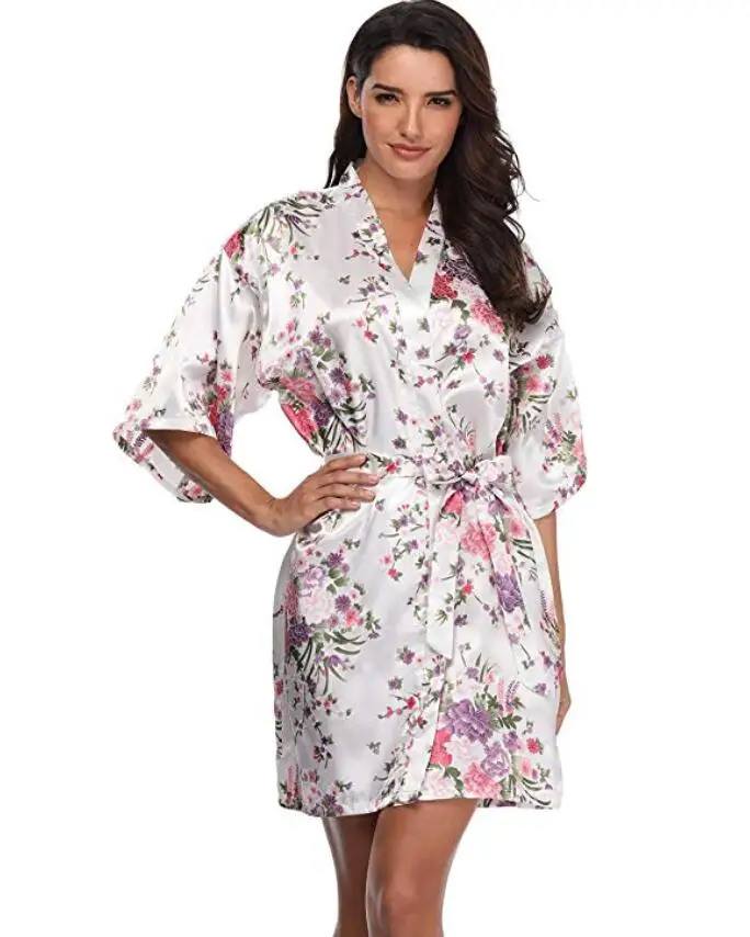 Халат женский атласный с цветочным принтом Шелковый Свадебный банный халат для