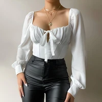 women elegant fashion shirt summer fashion female top solid tied design flare long sleeve casual blouse
