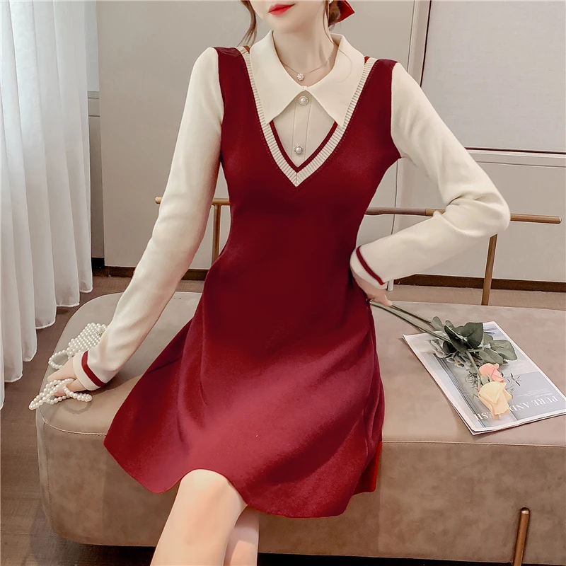 

Red knitted dress autumn and winter 2020 new style small fragrance temperament retro show thin academic style