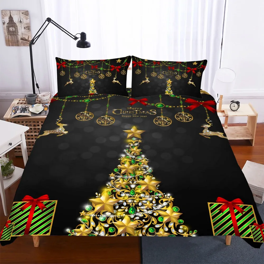 Black Bedding Set Diamond Decorated Gold Christmas Tree Deer Shine Soft Duvet Cover Pillowcase Home Room Decor Comforter Shell | Дом и сад