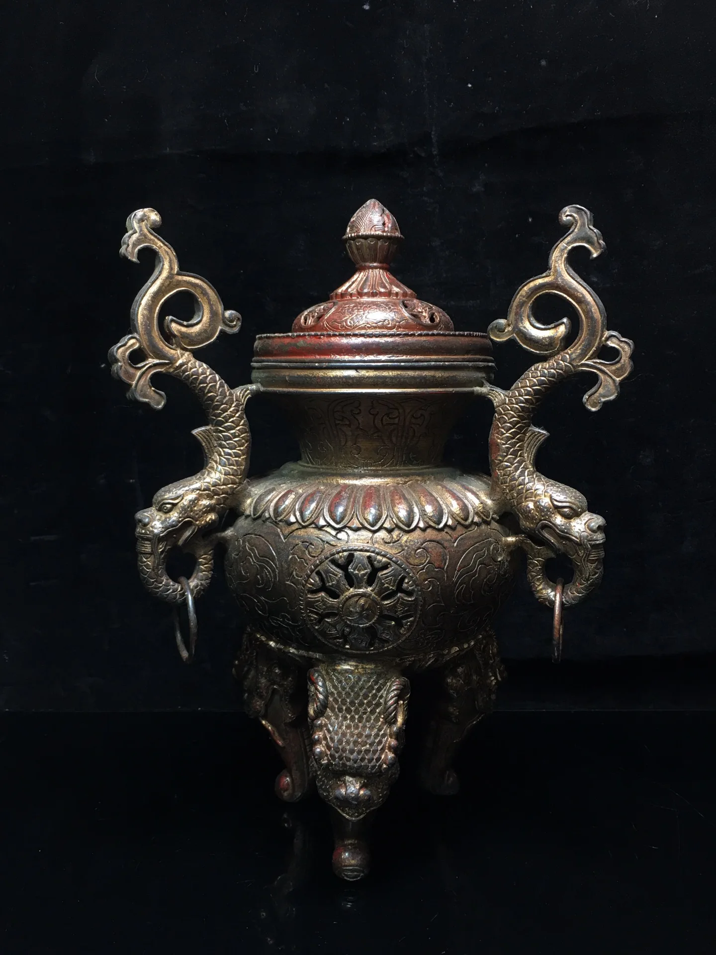 

12"Tibet Buddhism Old Bronze Cinnabar Lacquer Dragon statue trunk Three-legged incense burner Town House Exorcism