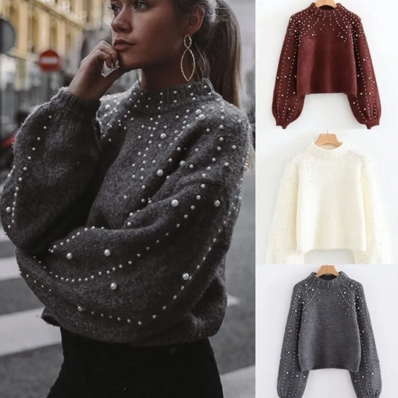 Водолазка с жемчугом Зимний вязаный свитер женский свободный серый пуловер