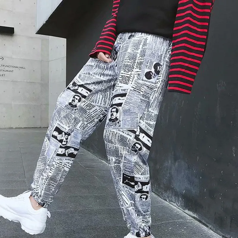 Женские строгие брюки с принтом газет в стиле хип-хоп эластичные женские высокой
