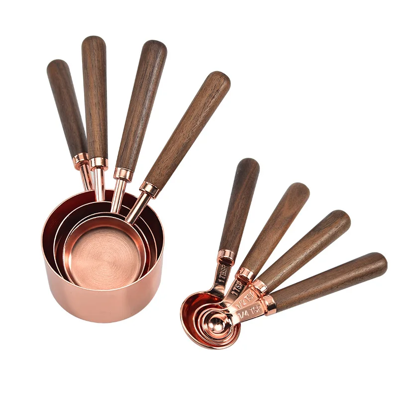 

4pcs/set Walnut Wooden Handle Stainless Steel Measuring Cups Spoons Plated Copper Rose Gold Kitchen Baking Measuring Spoon Set