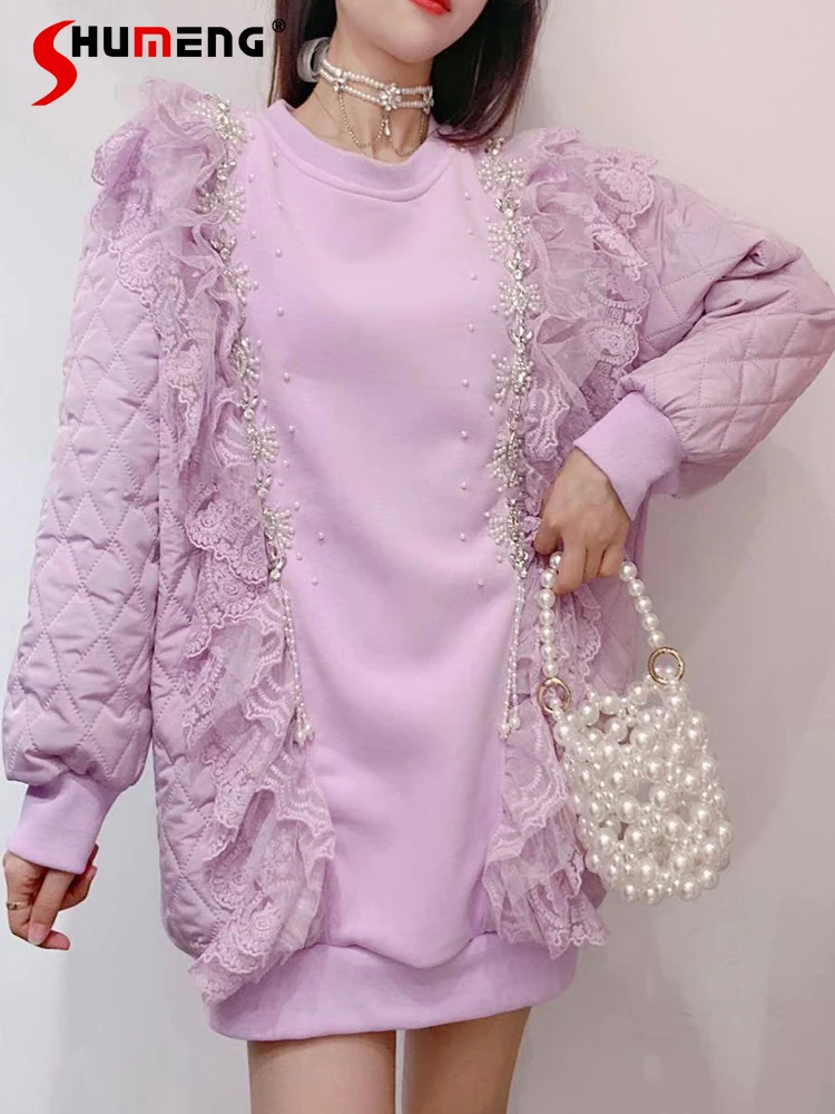 

Женский пуловер средней длины, милый флисовый свитшот в Корейском стиле с кружевными оборками и бусинами, зима 2021