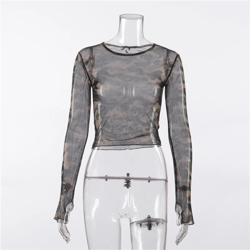 

FSNFOX Goth Gzuze See Through Long Sleeve T-shirt E Girl Sexy O-neck Camouflage Corset Tops Ladies Streetwear Slim Basic Tops