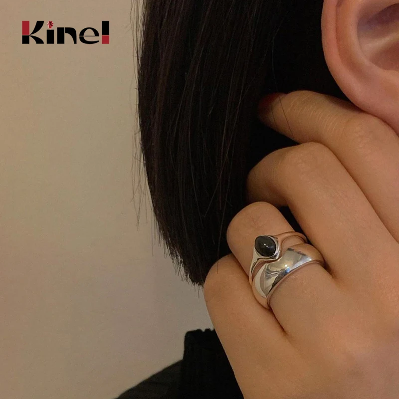 

Kinel 100% Authentic 925 Sterling Silver Black Agate Ring Couple Adjustable Finger Rings Women Men Sterling Silver Jewelry Gift