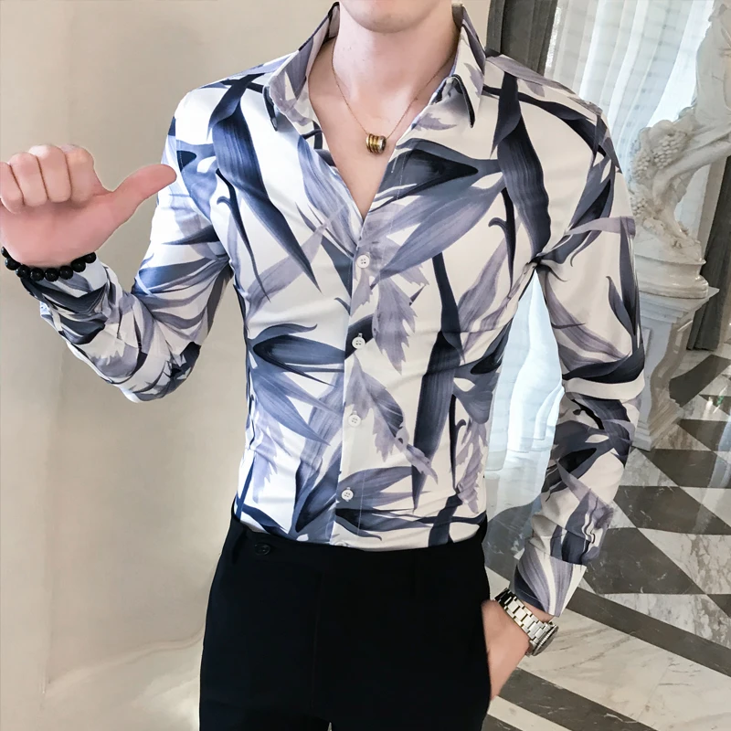 Мужская рубашка с цветочным принтом Повседневная приталенная под смокинг