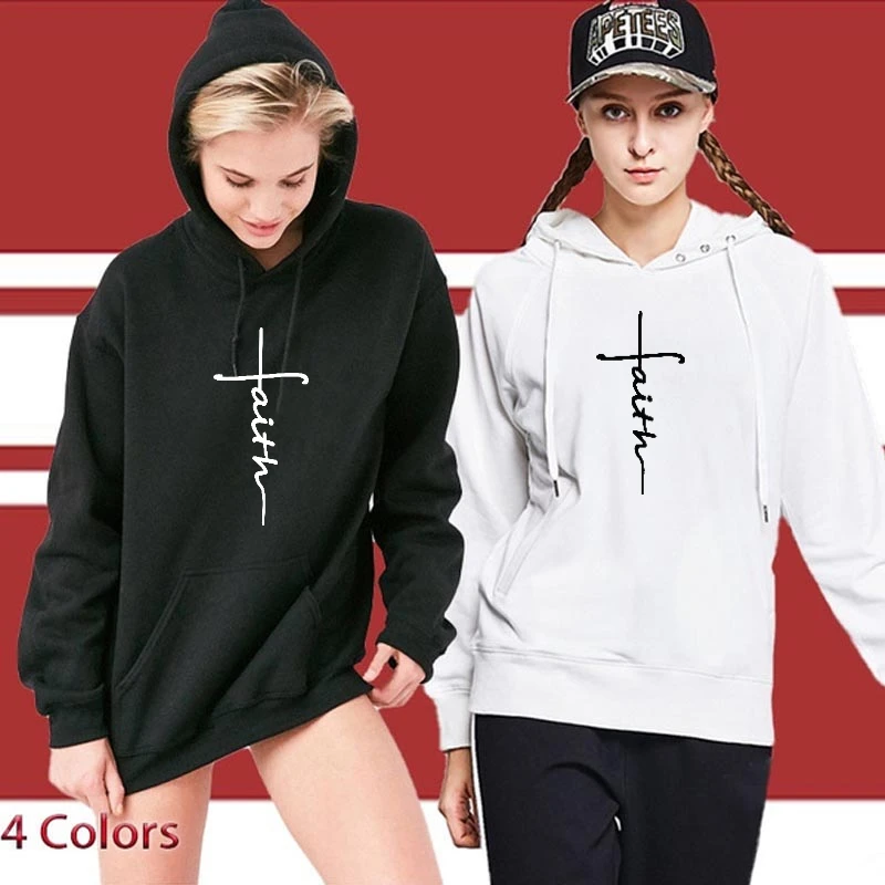 

Faith Religious Hoodies Christian Clothing Casual Women Casual Spring and Autumn Hooded Top Solid Kangaroo Pocket Sweatshirt