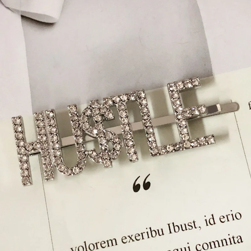 HUSTLE-Silver 1 шт. есть/нашли буквы из кристаллов, стразы, заколки для волос, металлическая шпилька, заколки для волос, заколки для волос, аксессуары для укладки волос, ювелирные изделия - Цвет: HUSTLE-Silver