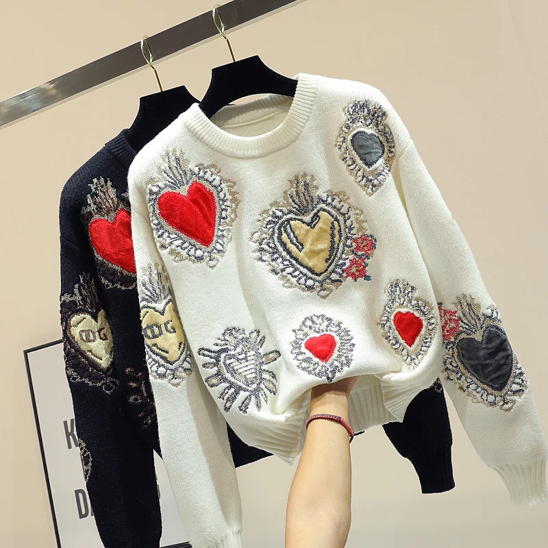 2020 Elegant Sweater Women Casual Fashion Warm Loose Sweaters and Pullovers Love Embroidery Knit Jumper Sueter Mujer Hot | Женская