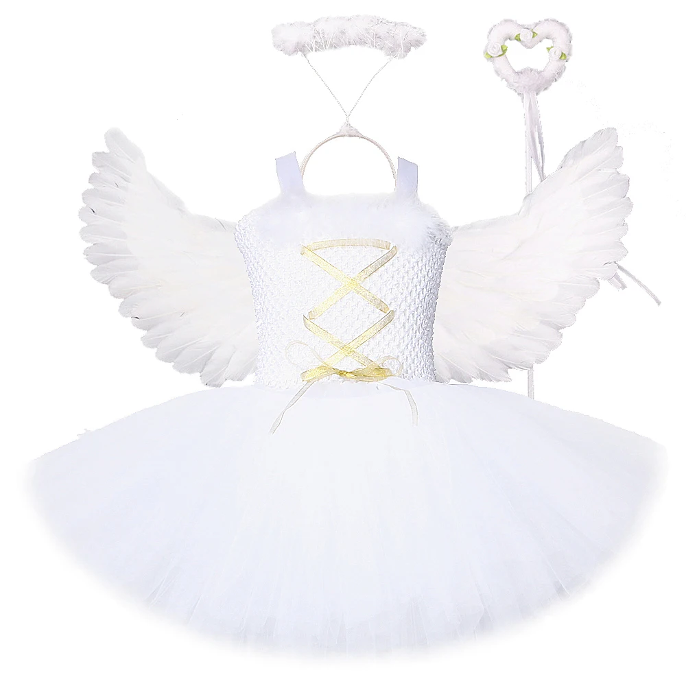 

White Angel Christmas Tutu Dress Feather Wing Wands Outfits Fancy Kids Dresses Angel Costume For Girls Birthday Party Clothes