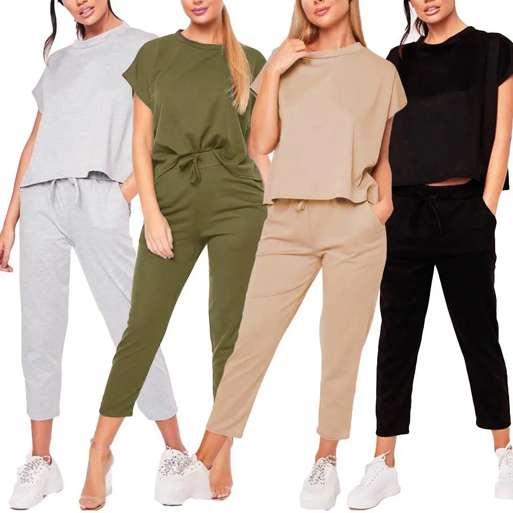 

Summer Women Elegant Short Sleeve Pants Sets Female Casual Outfits Jogger Two Piece Set Korean Sports Suit Solid Color Cotton