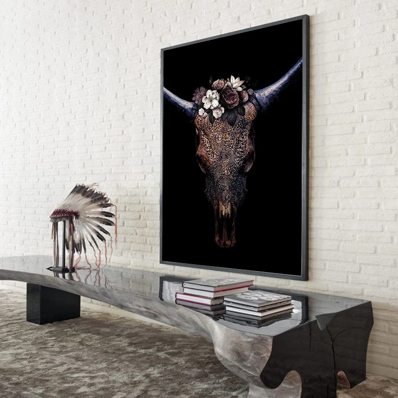 Картина на холсте настенные художественные плакаты скандинавский бык Череп