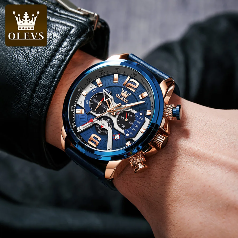 

OLEVS Men Watches Top Brand Luxury Leather strap Blue Waterproof Quartz Watch Men Fashion Chronograph Male Sport Military Watch