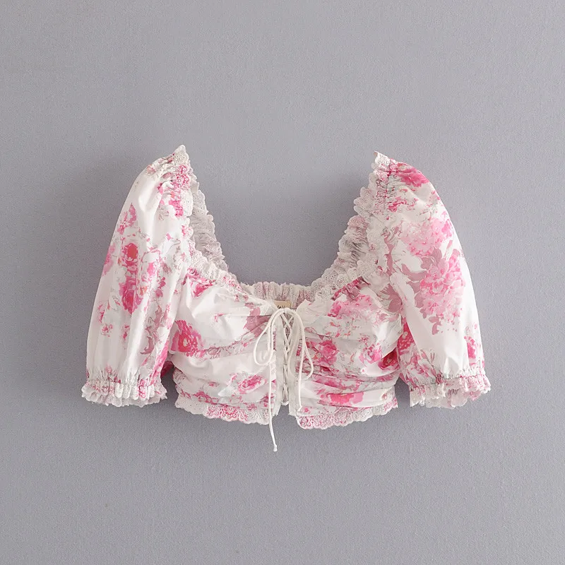 

2021 Summer Solid Bandage Crop Tops Blouse Women Sexy Chic Deep V Neck Lace Elastic Back Short Blouses Female