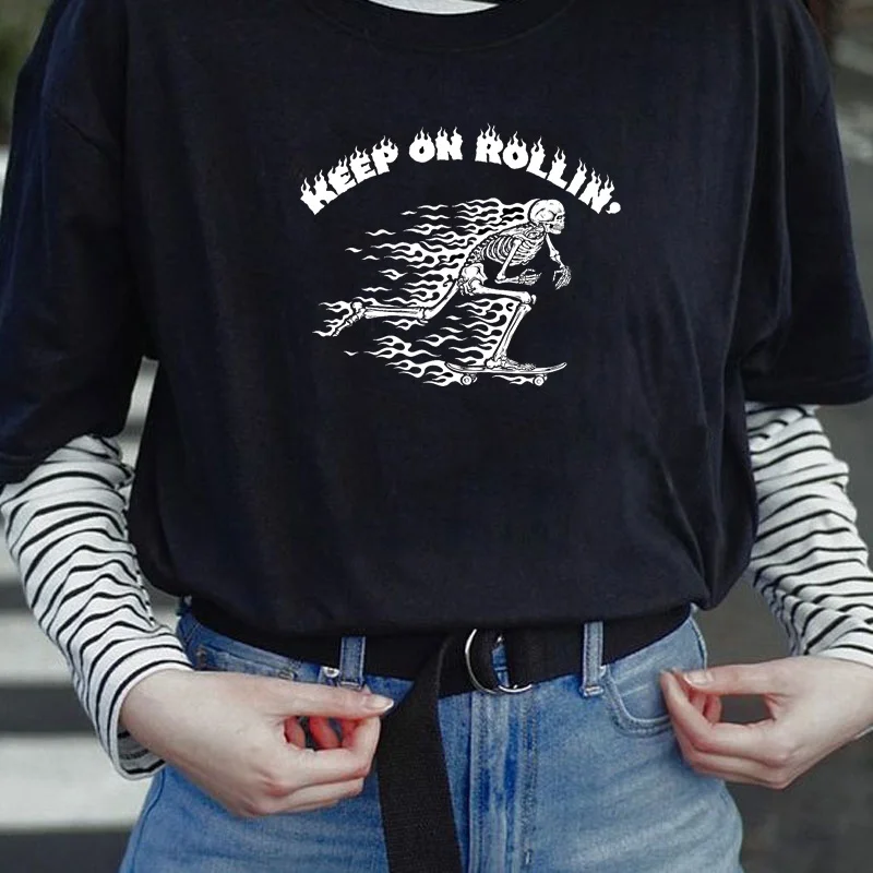 VIP HJN Keep On Rollin Flame Skeleton графический стиль Ulzzang Harajuku унисекс тройник Повседневный