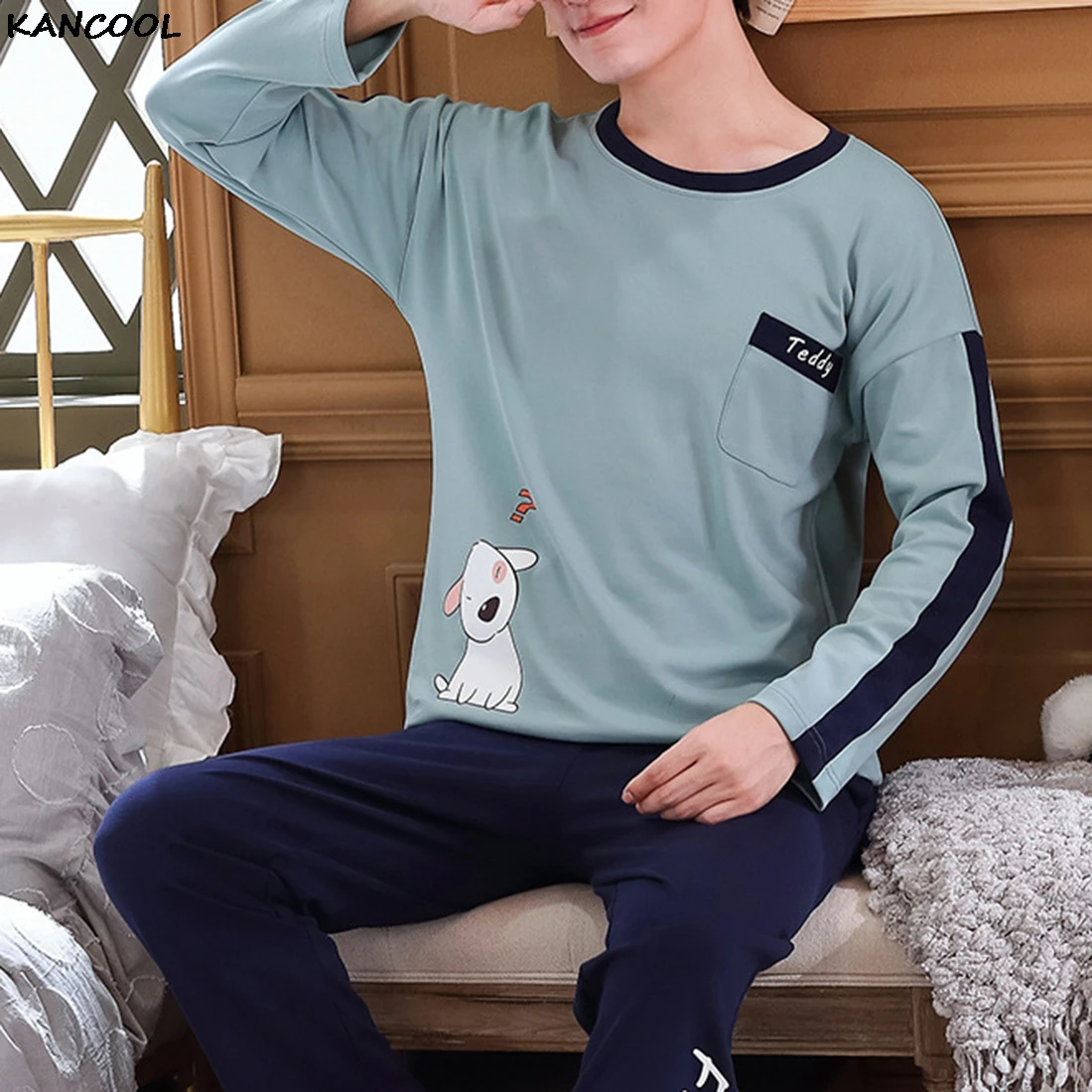 

KANCOOL Cotton Long Sleeve Pajamas Set For Men Cute Green Cartoon Male Sleepwear Autumn Warm Casual Home Clothes Pants Pijamas