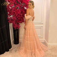 berylove blush a line off the shoulder prom dress 2022 long pleated tulle evening dresses elegant vestido formal robes de soir%c3%a9e