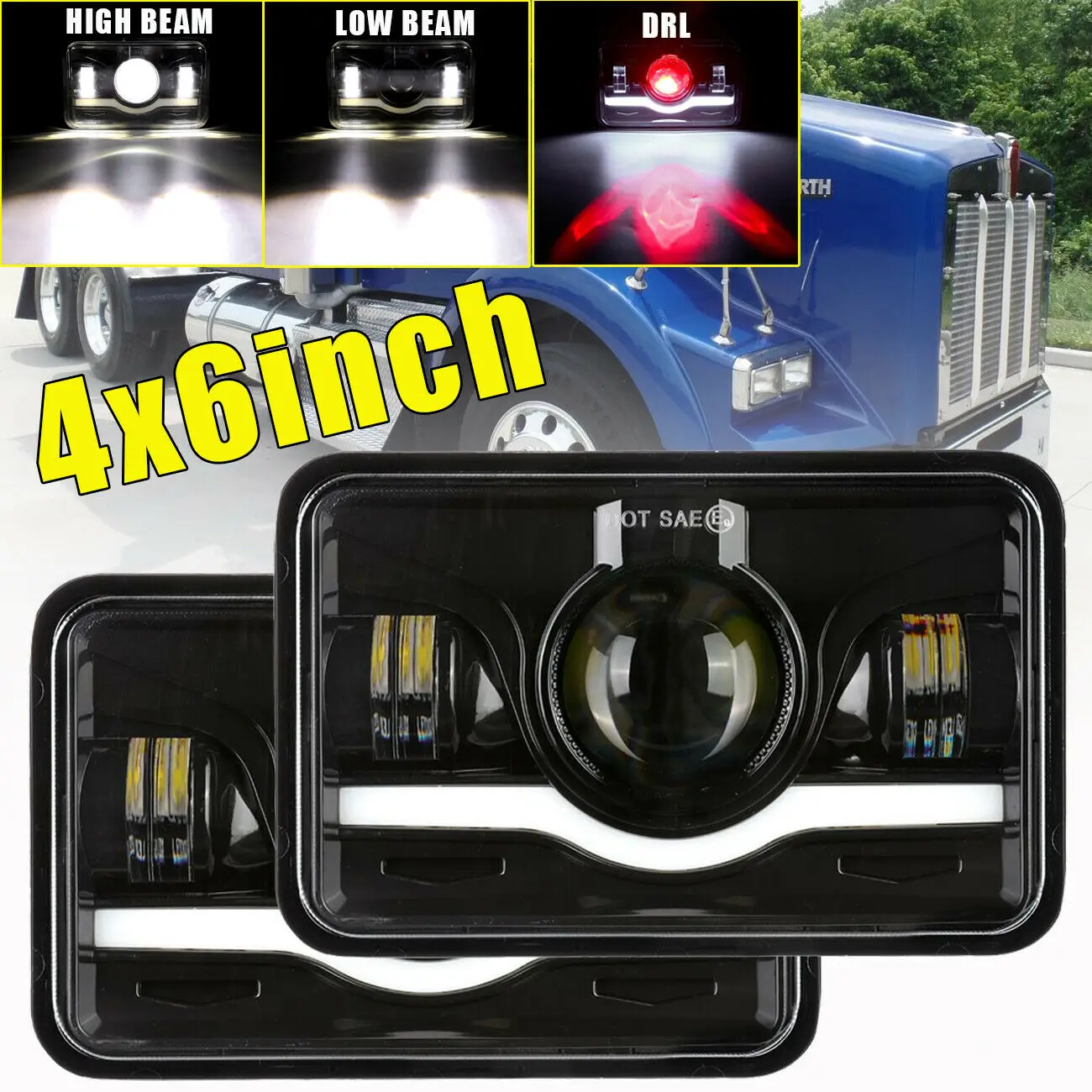 

4X6 Car LED Square Headlights 6500K 120W Day Running Light Hi-Lo Beam For Kenworth T800 T400 T600 W900B W900L Off-Road Vehicles