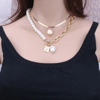 women retro multilayer pearl geometric pendant necklace ladies metal portrait snake chain necklace new design jewelry gift