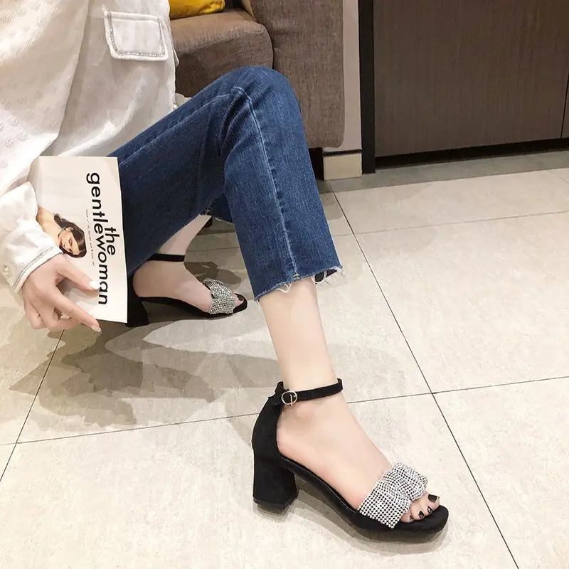 

Low Sandals Woman Leather Suit Female Beige Square Toe Summer Heels Shoes Lady 2021 Low-heeled Black Girls New Comfort Velvet Hi