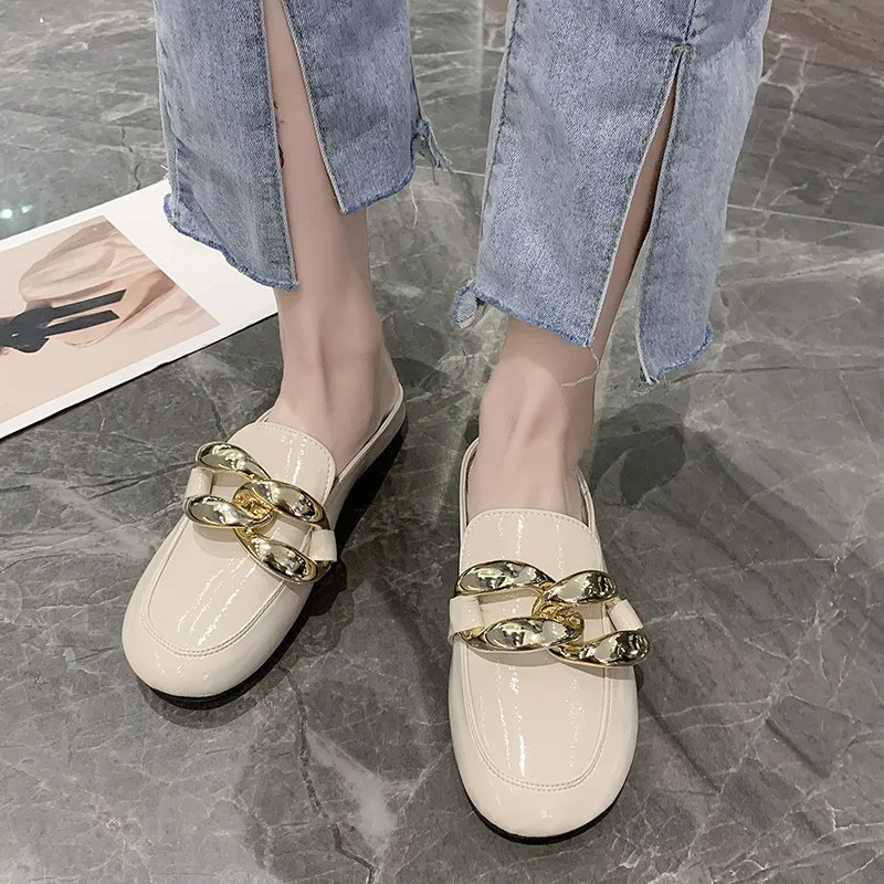 

Cover Toe Low Slippers Soft Female Shoes Rivet Slides Fashion Comfort 2021 Flat Luxury Spring PU Fabric Basic Metal Decoration