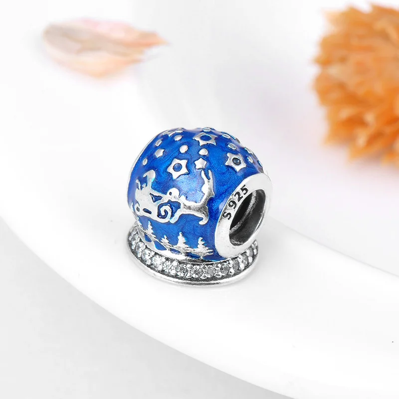Christmas Winter night 925 Sterling Silver Blue Enamel Snowflake Beads Fits Original Fine Charm Bracelets Making 2018 fashion | Украшения и